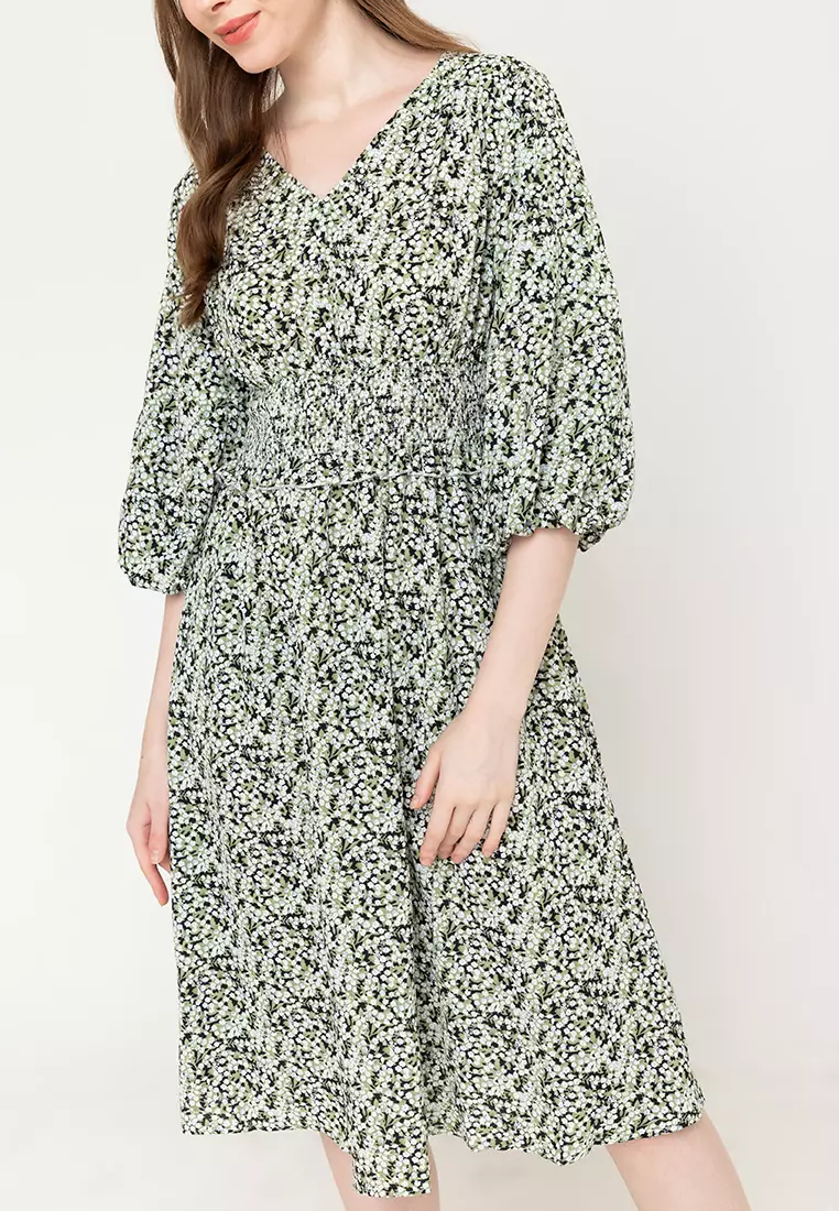 Clarence Printed V-neck Smocked Dress