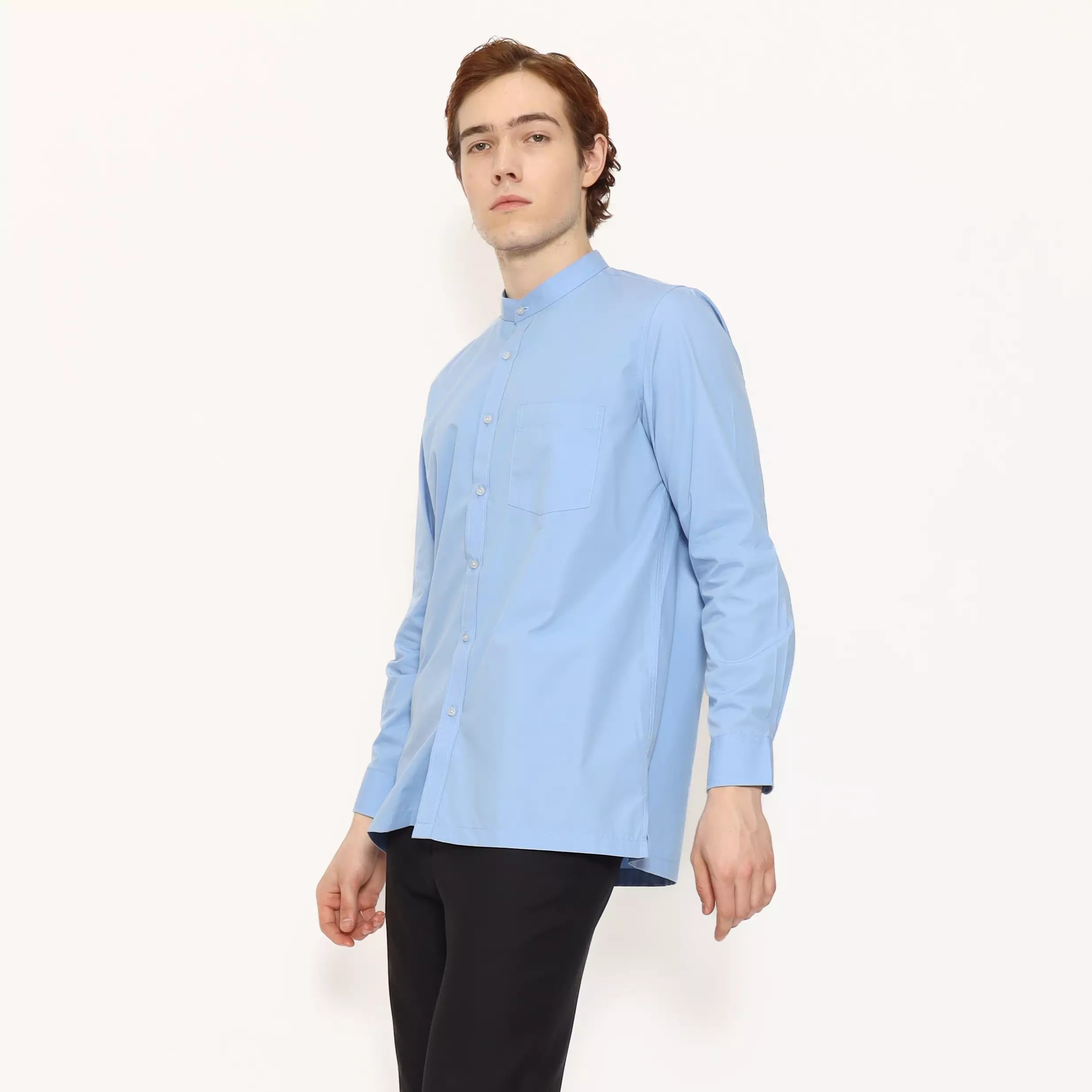LAWELL ALARA-L Baju Koko Pria Lengan Panjang Regular Fit Kerah Mandarin Polyester Cotton Premium Warna Light Blue