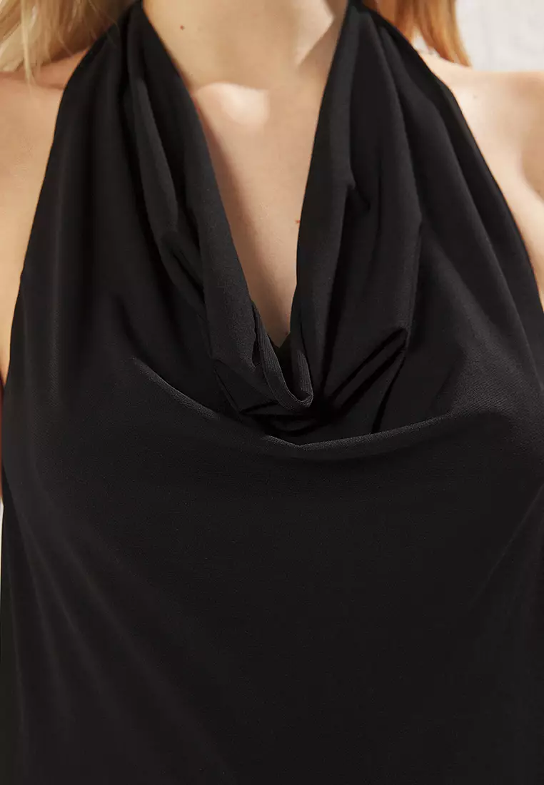 Black Cowl Neck Elastic Knitted Bodysuit