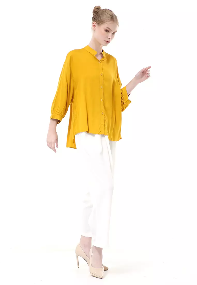Ghita Kemeja Atasan Wanita Motif Polos Long Sleeve High Quality - Mustard