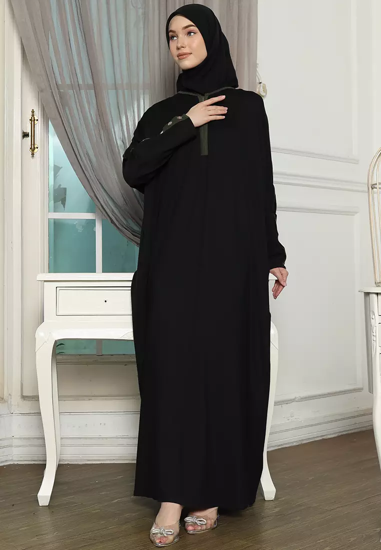 JV Hasanah Abaya Rayon Dress Shireen Black Army | Gamis Abaya Oversize Busui Lengan Batwing Polos