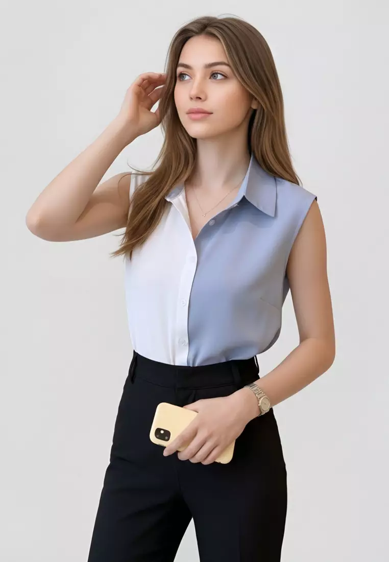 撞色背心無袖襯衫