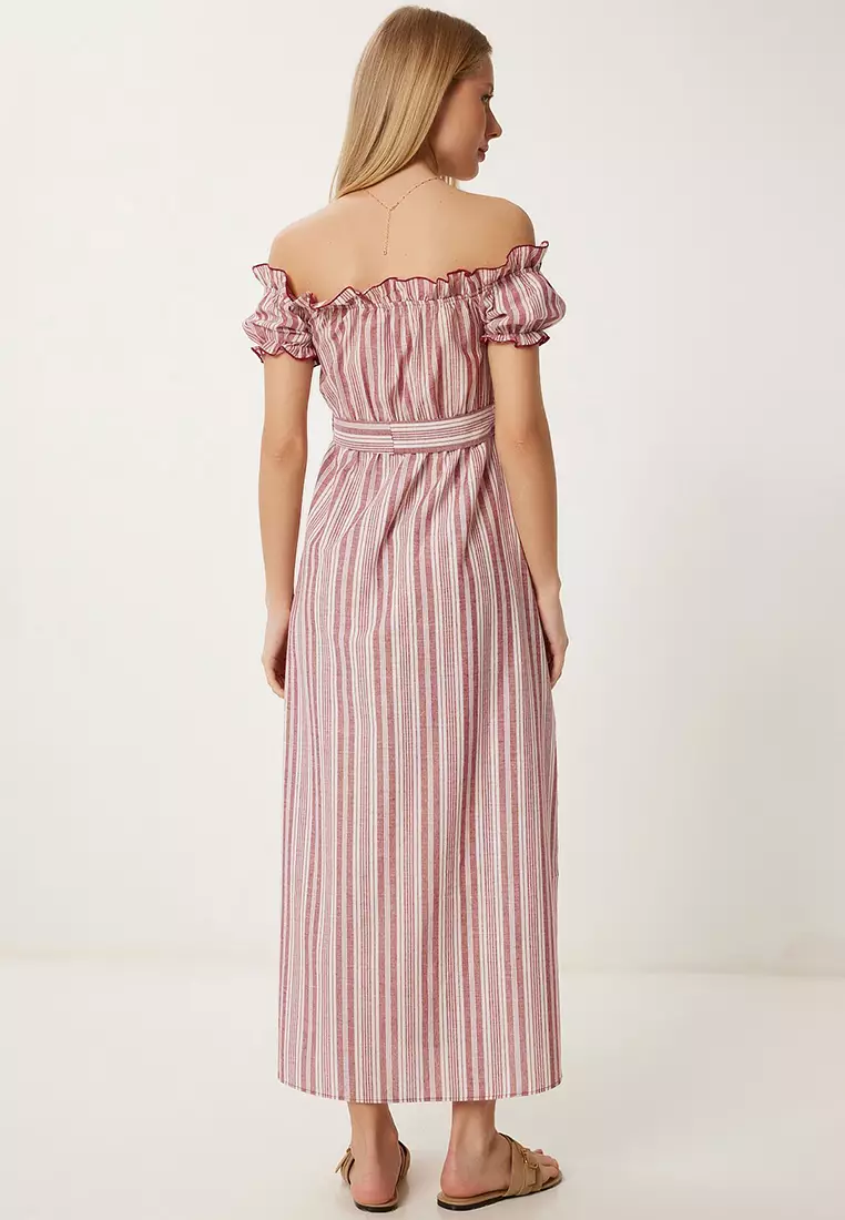 Women's Bone Burgundy Striped Off-The-Shoulder Summer Linen Dress Li̇00120