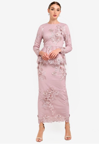 Embroidered Lace Straight Sleeves Peplum Set from Zalia in Pink