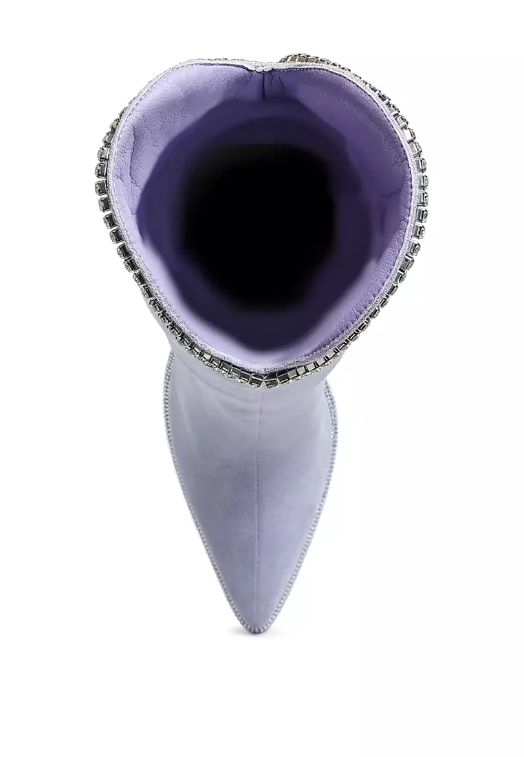 Diamante Chain Detail Calf Boots in Lilac