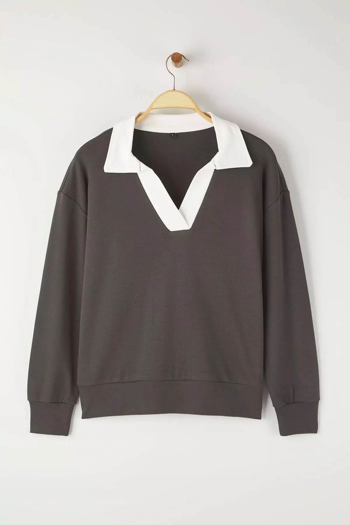 Anthracite Color Block Polo Neck Relaxed/Comfortable Pattern Knitted Sweatshirt