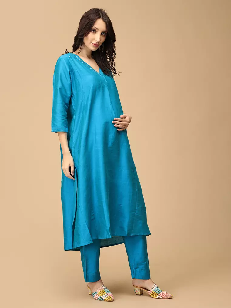 Mermaid Moment Embroidered Maternity and Nursing Silk Kurta Set - Aqua Blue