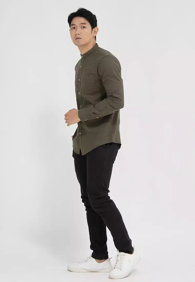 Kemeja collarless koko Slub sage OXCON dark sage