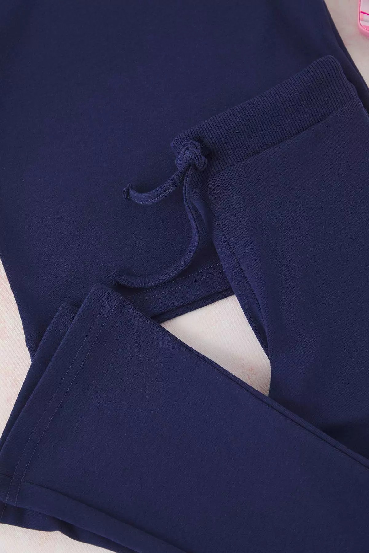 Navy Blue Girl 100% Cotton Basic Flare Leg Short Sleeve Flexible Knitted Bottom-Top Suit Tkdss25Au00136