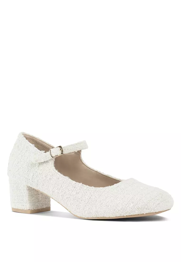 Sandal Tweed Mary Jane Warna Putih