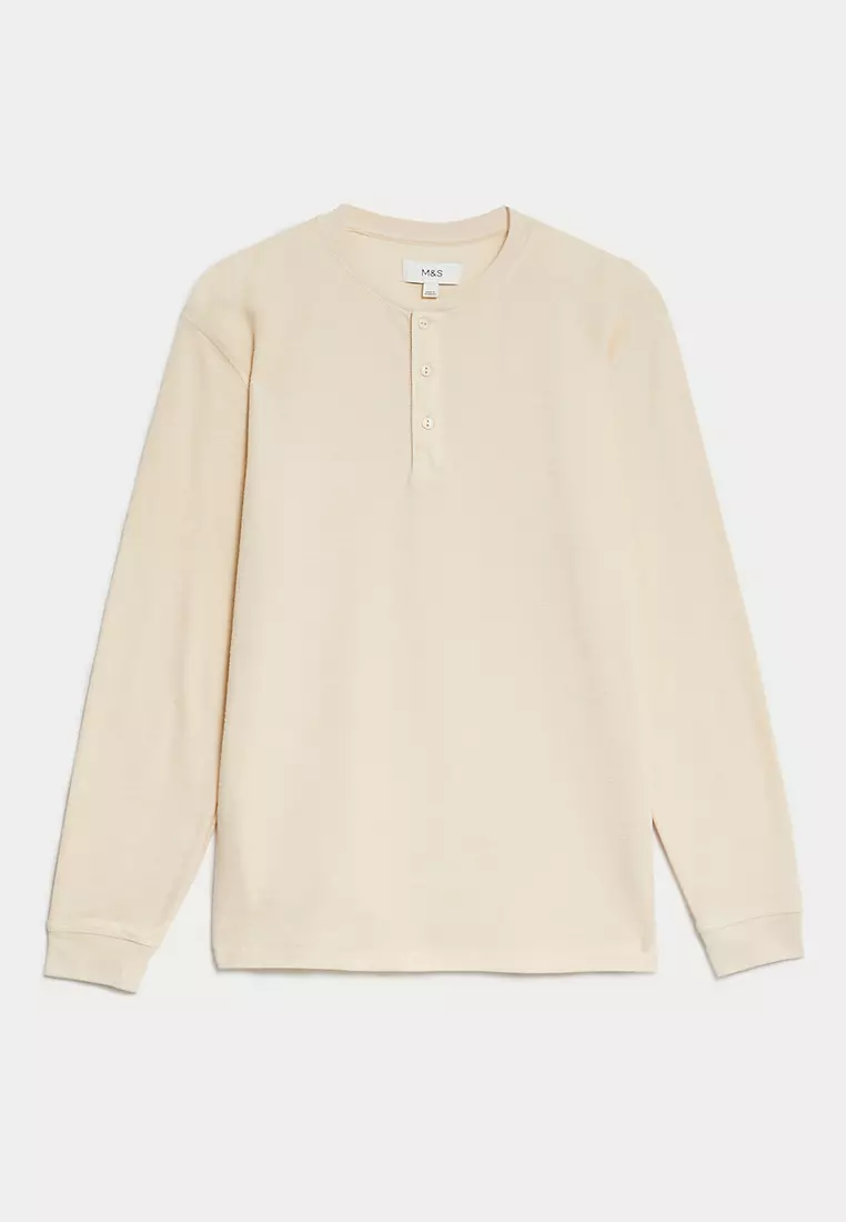 Cotton Blend Textured Henley T-Shirt