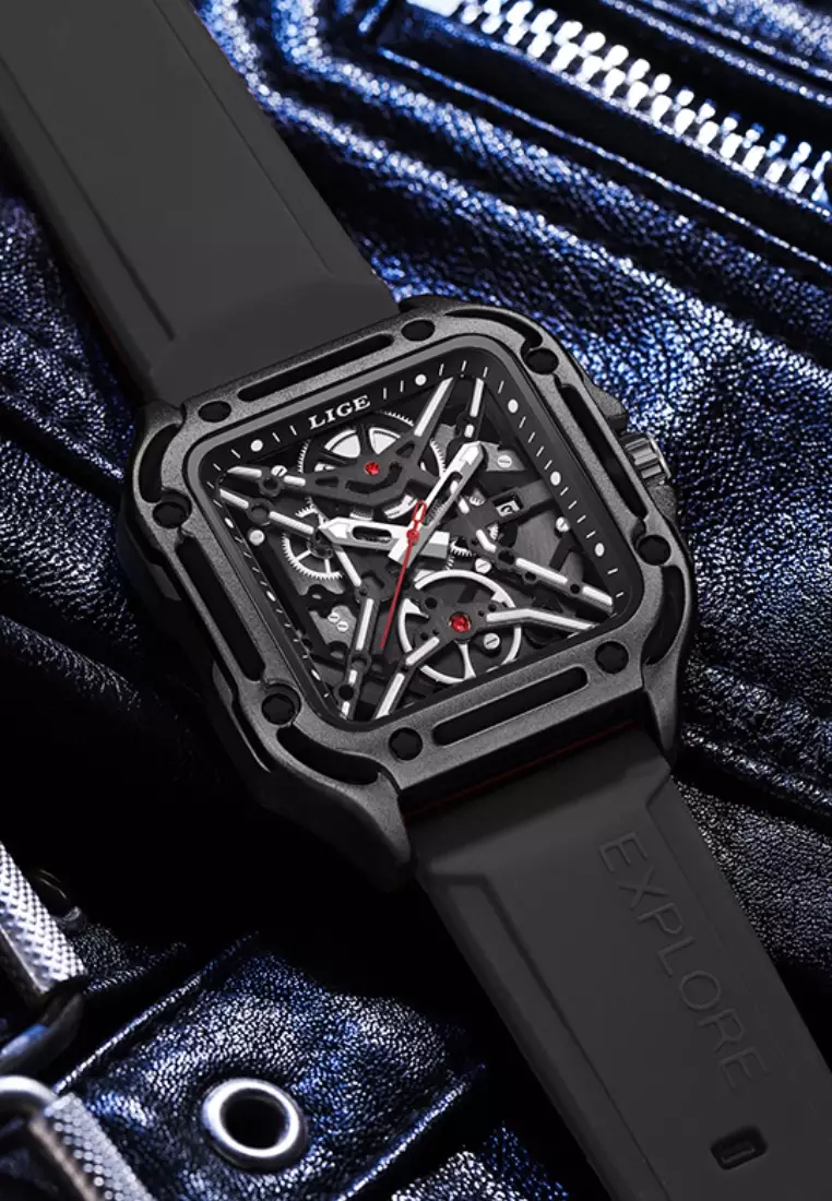 Unisex See Through Dial Square Quartz Watch 45mm, Black Rubber Strap