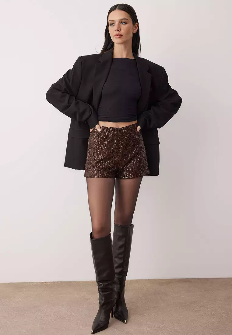 Brown Extra/Super Mini Knitted Sequin Shorts Tpraw26Sr6