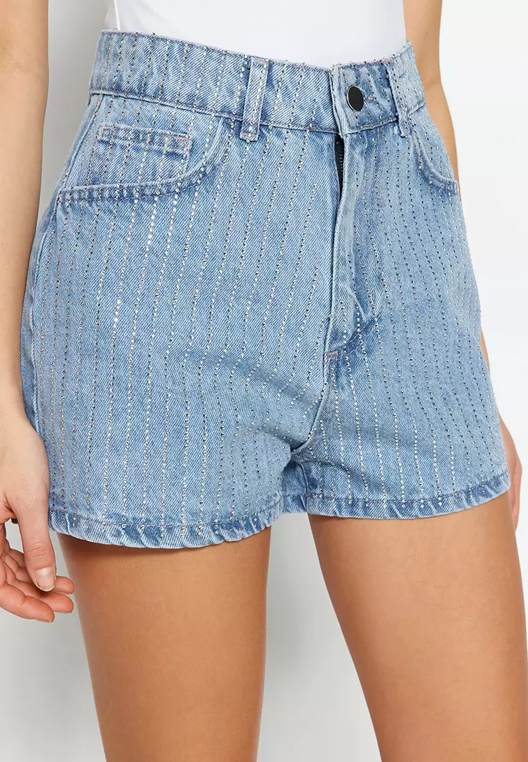 High Waist Rhinestone Denim Shorts