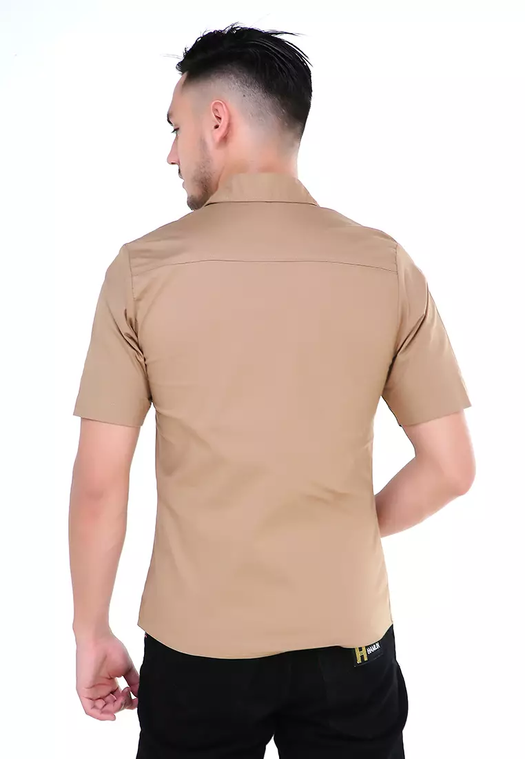 Dwan Atasan Kemeja Pria Three Lines Slim Fit Casual Shortsleeve Shirt Material Cotton ORIGINAL - Khaki