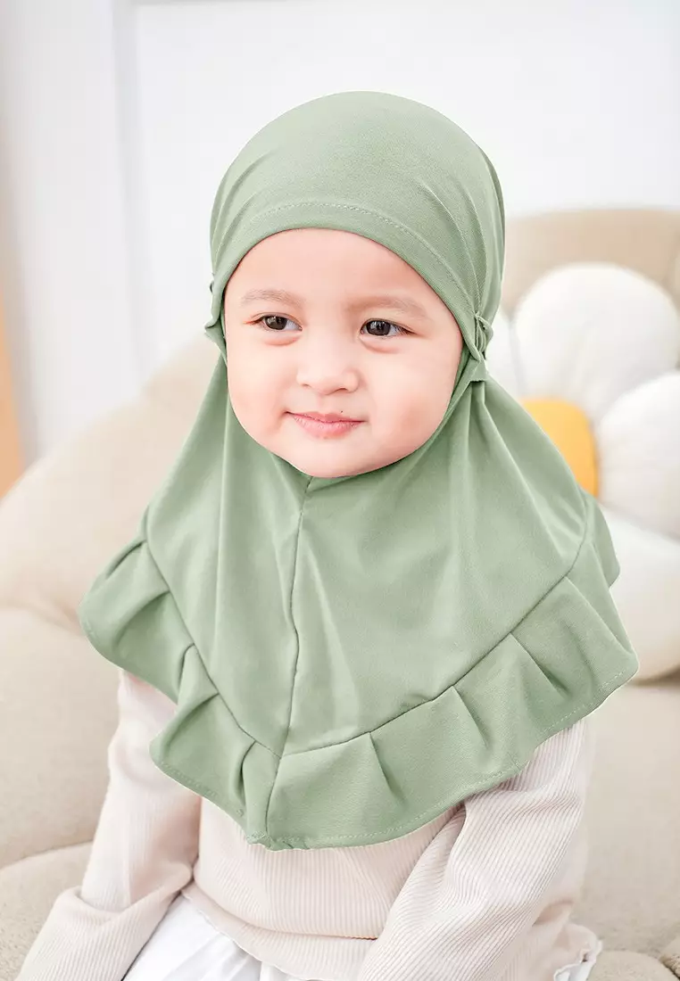 Cotton Bee - Ziva Ruffle Instan | Hijab Instan Anak | Kerudung Jilbab Bergo Tali Anak - Green Tea - S