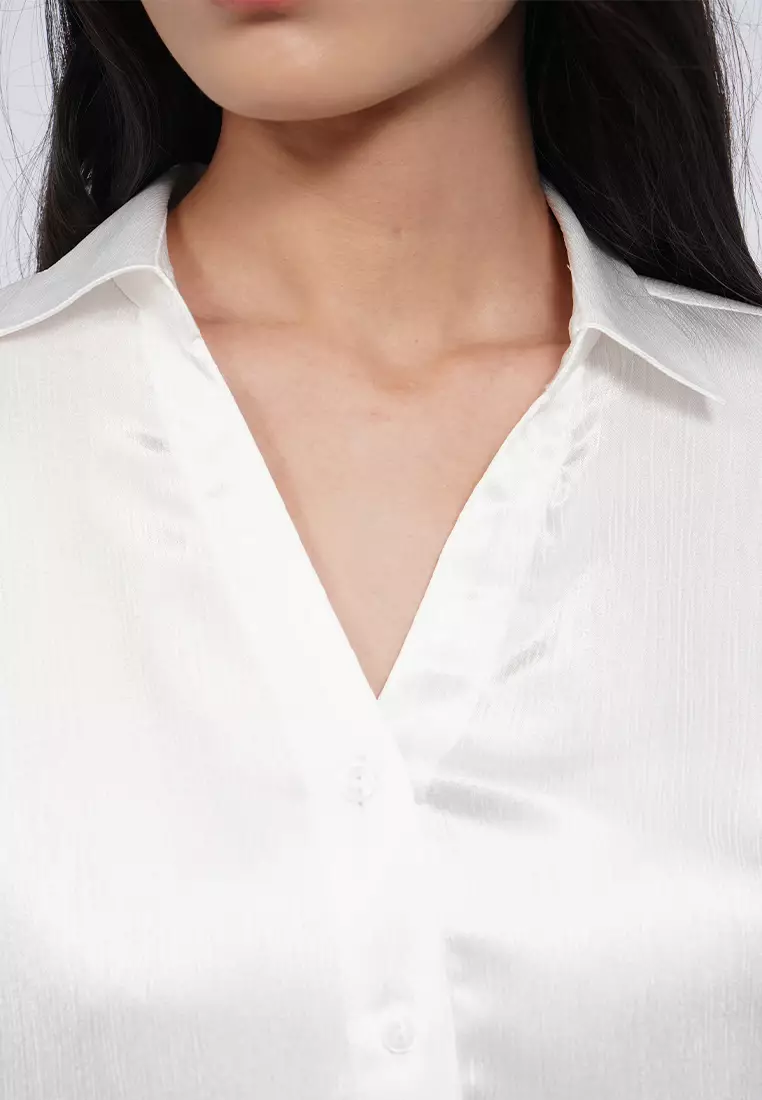 V-Neck Long Sleeve Satin Blouse