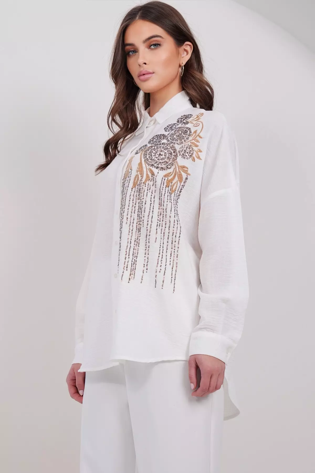 Women'S Ecru Embroidery And Sequin Embellished Premium Linen Shirt Alc-X15017