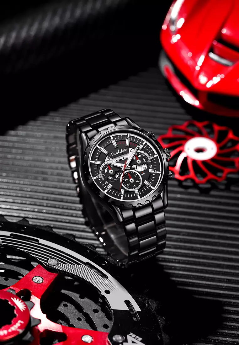 Jam Tangan Pria 8081 Kuarsa Hollow Design Kalender Tali Stainless Steel Jam Tangan Cowok Allblack