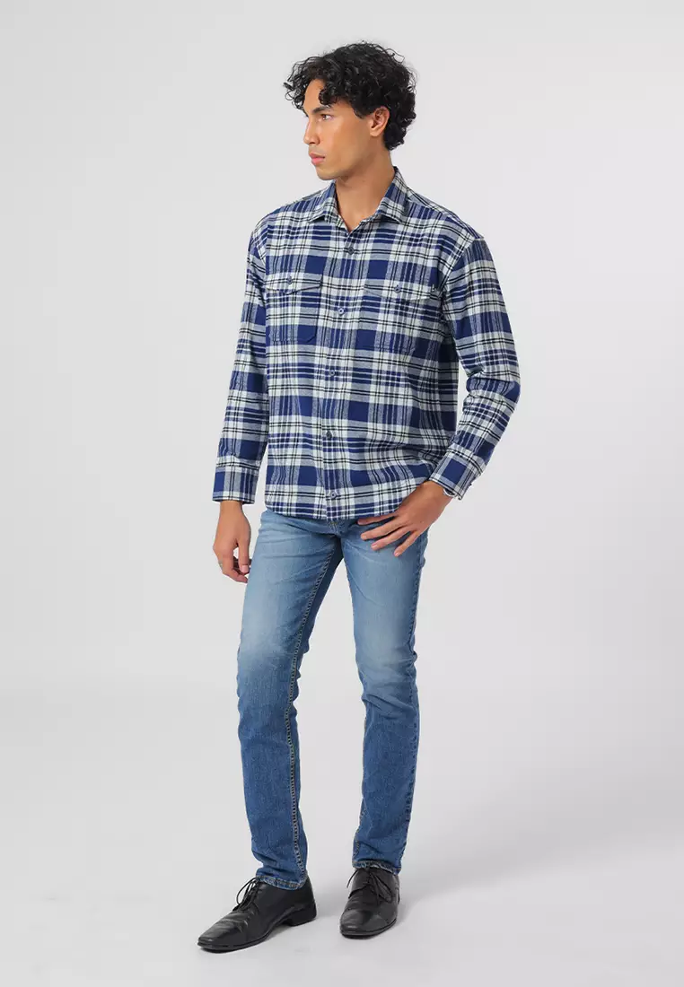 MELVINS - NAVY Kemeja Flannel Pria Motif Kotak-Kotak Lengan Panjang Relaxed Fit