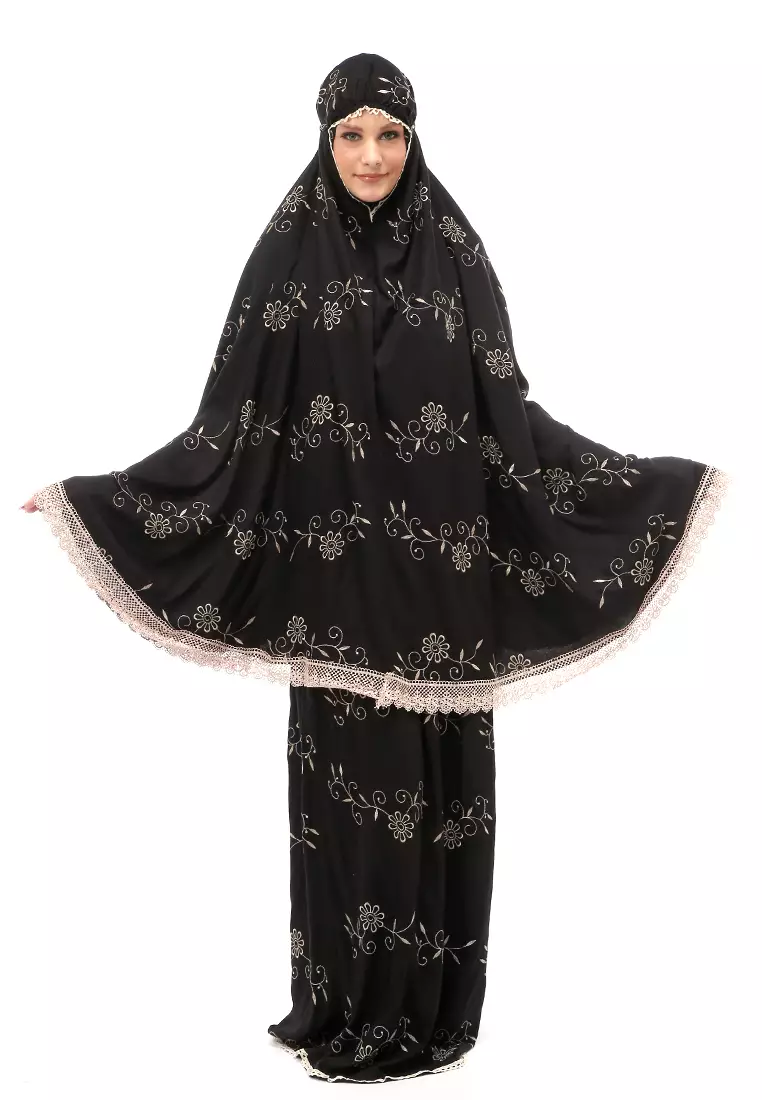 Hanjani Mukena Muslimah Atasan Bawahan Wanita Motif Bunga Relaxed Fit - Black
