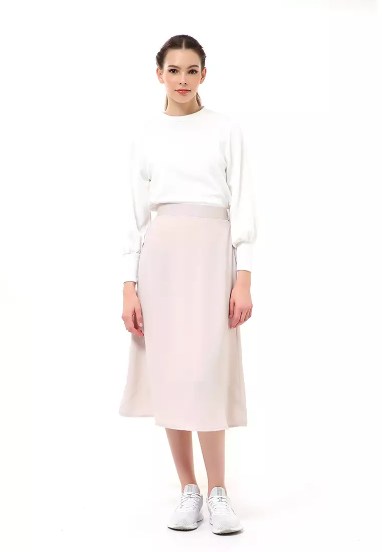 Trisha Rok Midi Wanita Model A-Line Simple Palin Motive Material Crepe ORIGINAL - Beige