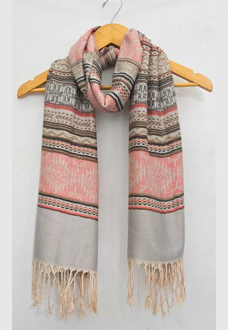 Reversible Viscose Ethinic Stripes Pattern Pashmina Shawl Syal Wanita Pastel Pink & Grey