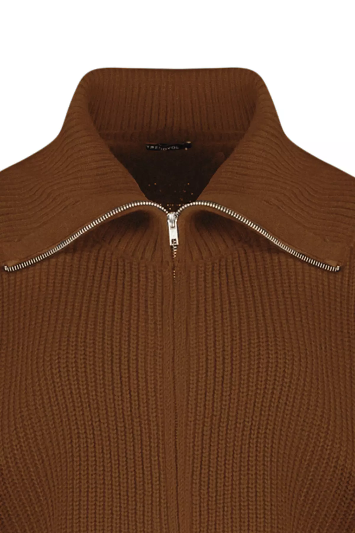 Light Brown Wide Fit Turn Down Collar Zipper Knitwear Cardigan