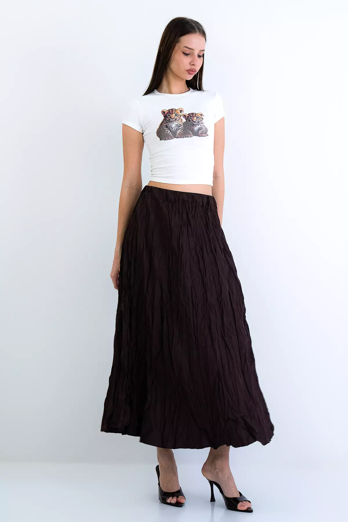 Brown Soft Crush Textured Midi Skirt Alc-X15225