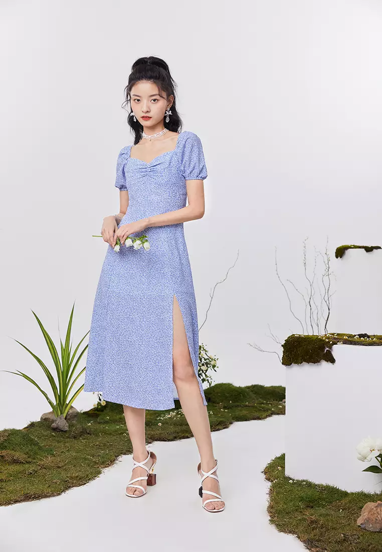 Front Slit Square Neck Floral Midi Dress