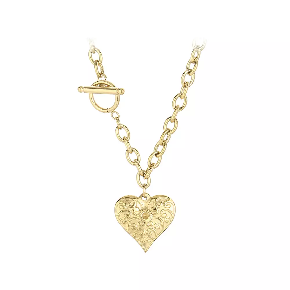 Glamorousky Gold 316L Pattern Heart Pendant Necklace Kalung