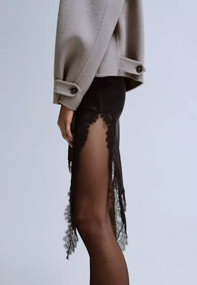 Satin Asymmetric Short Skirt With Lace