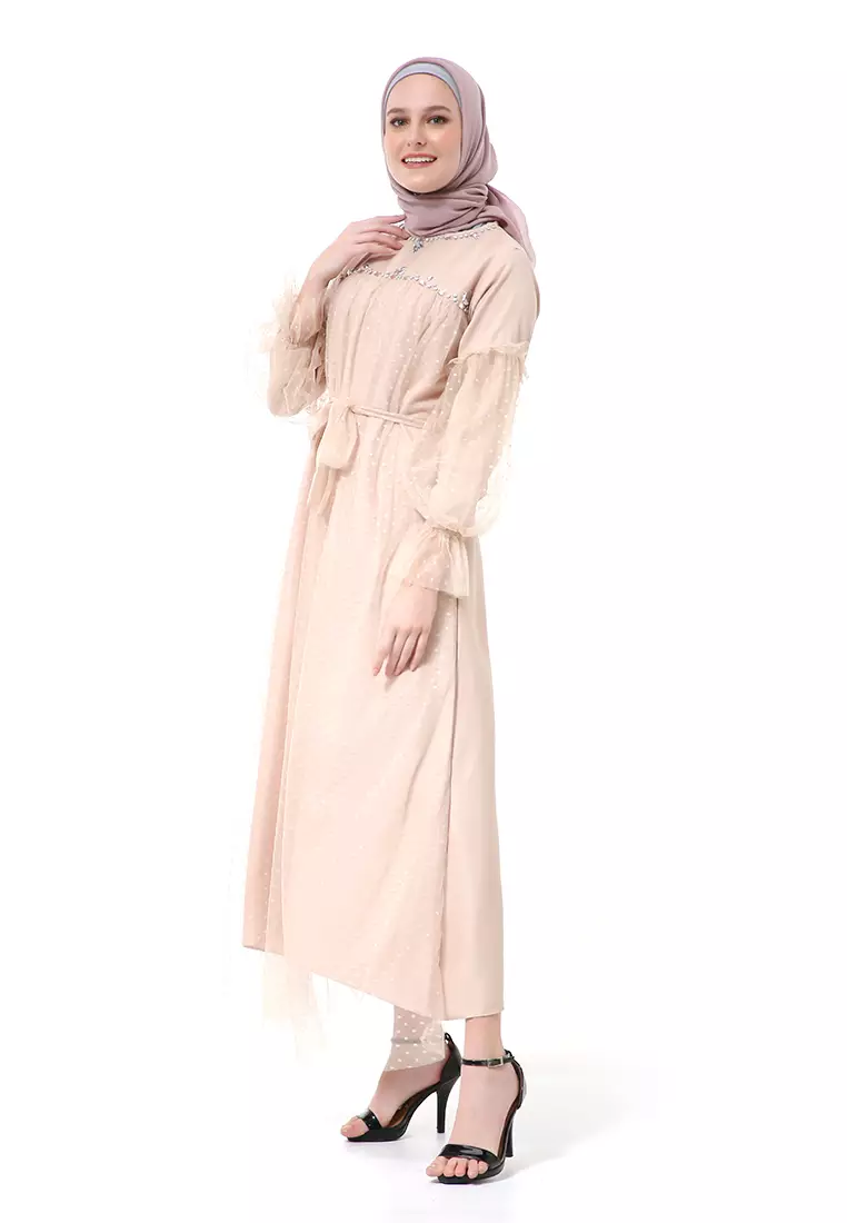 Varsha Dress Wanita Long Sleeve Motif Polos Polkadot High Quality - Almond Mote