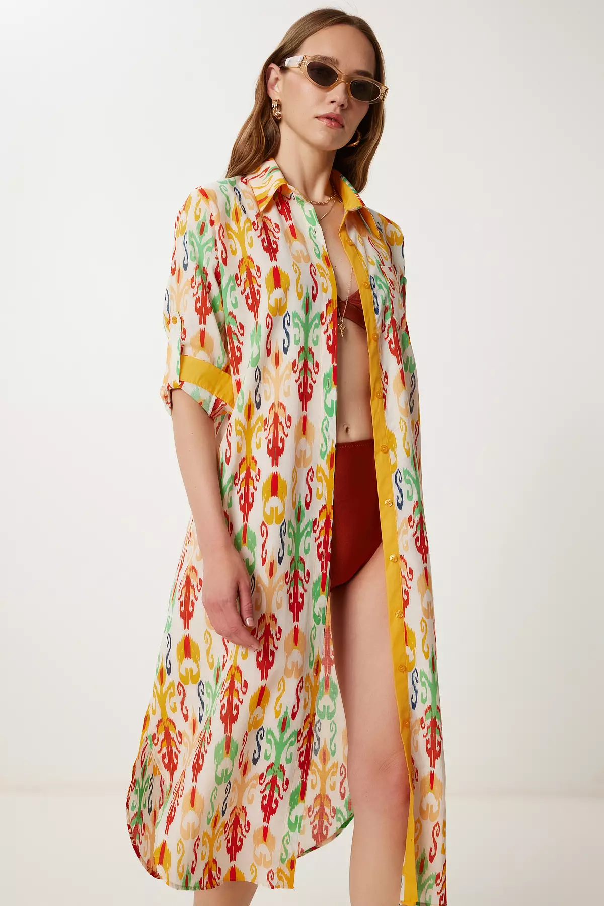 Women's Yellow Bone Pattern Summer Midi Shirt Dress Wf00114