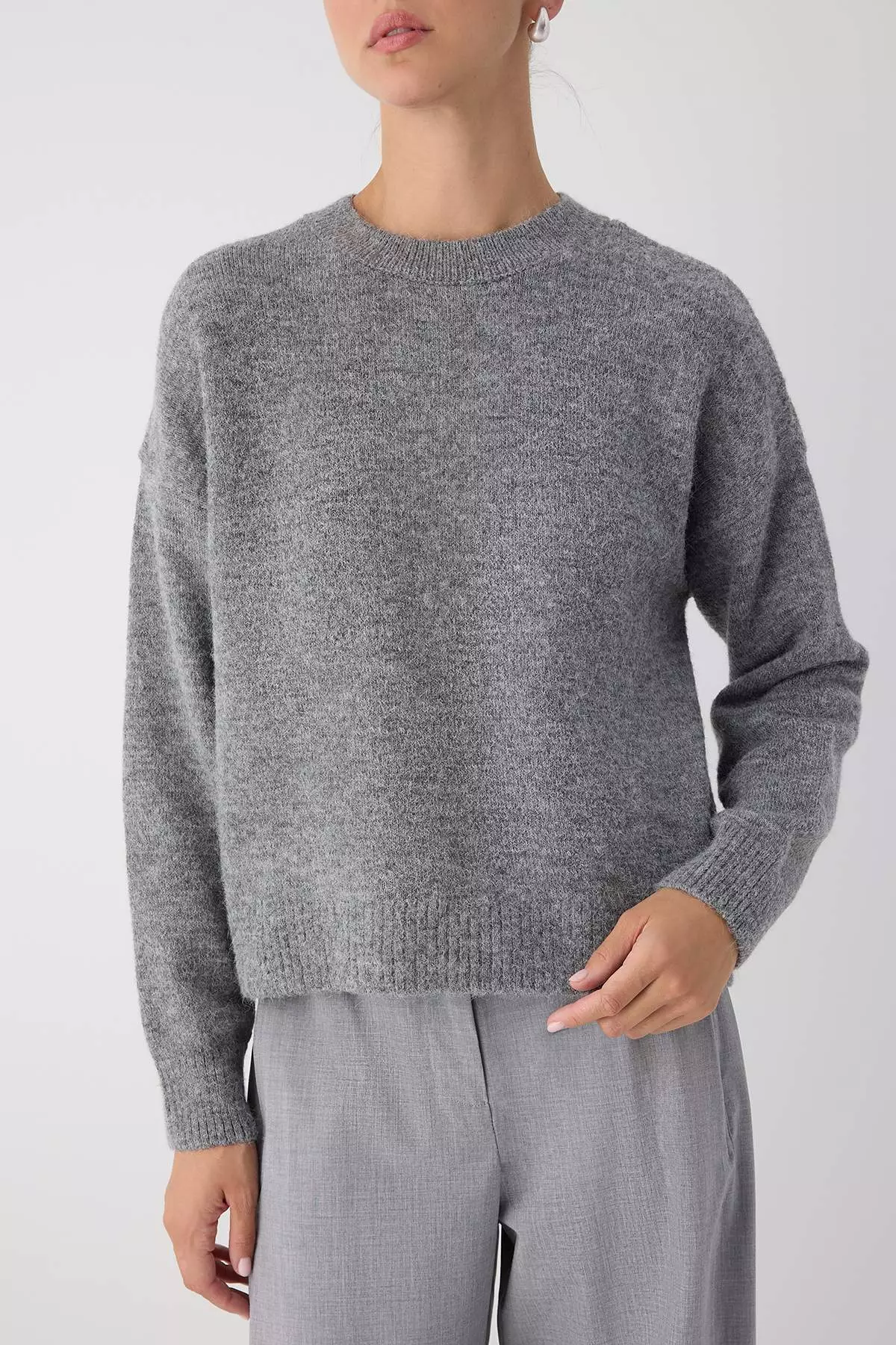 Anthracite Alpaca Wool Blended Premium/Special Yarn Wide Fit Basic Knitwear Sweater