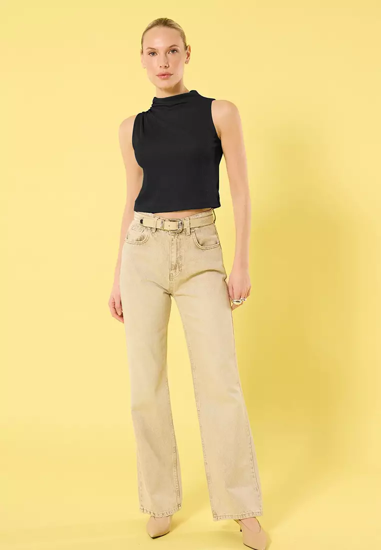 Black Gathered Detail Regular Pattern Crop Knitted Blouse Twoss25Bz00262