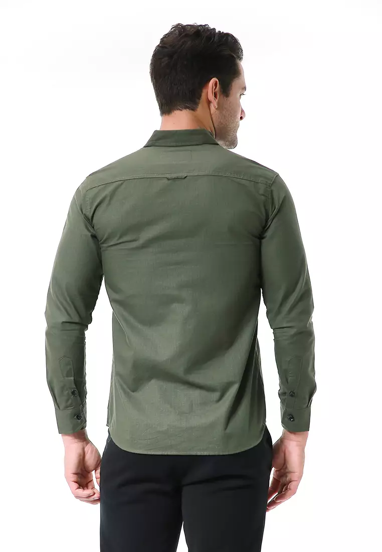 Leopold Kemeja Basic Pria Motif Polos Long Sleeve Material Cotton ORIGINAL - Army Green