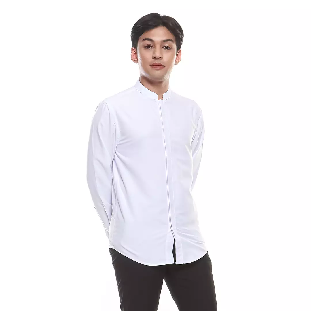 OXCON Kemeja Koko Pria Lengan Panjang Polos Fitra White