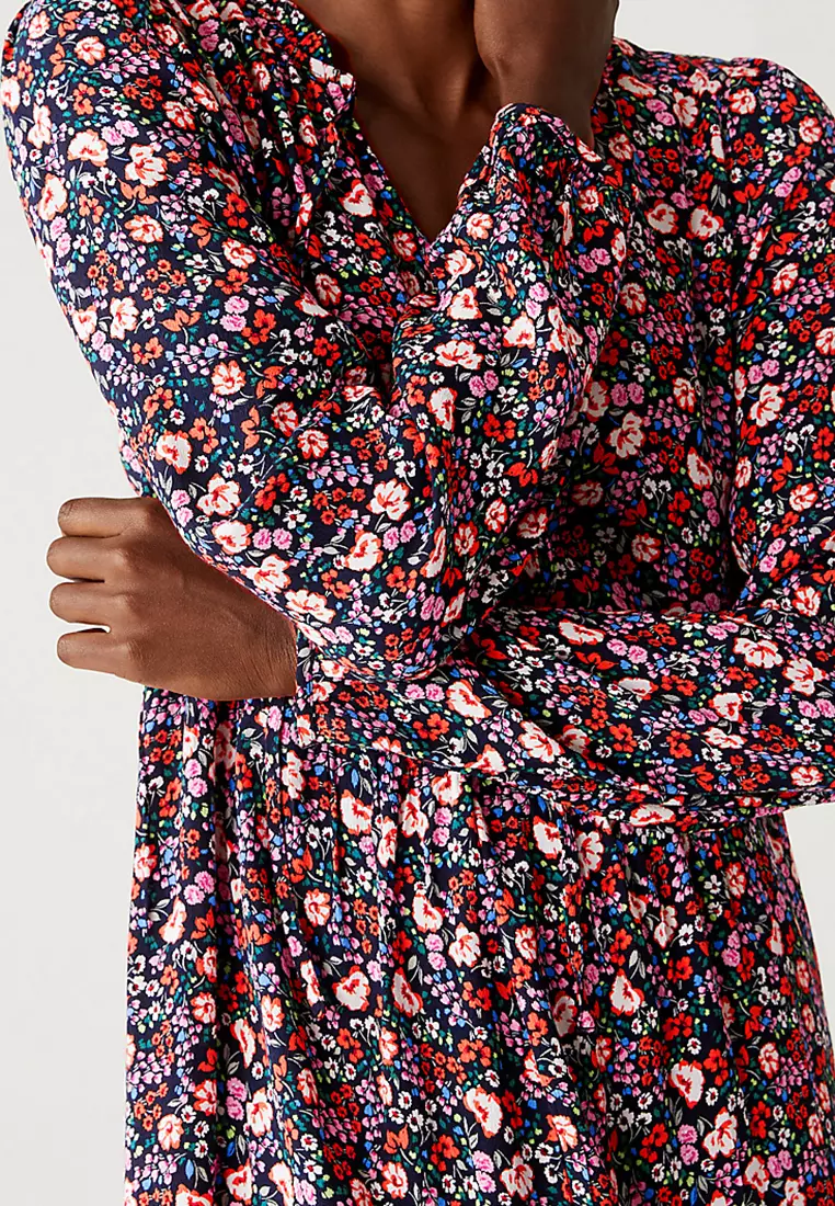 Printed Tie Neck Tiered Dress