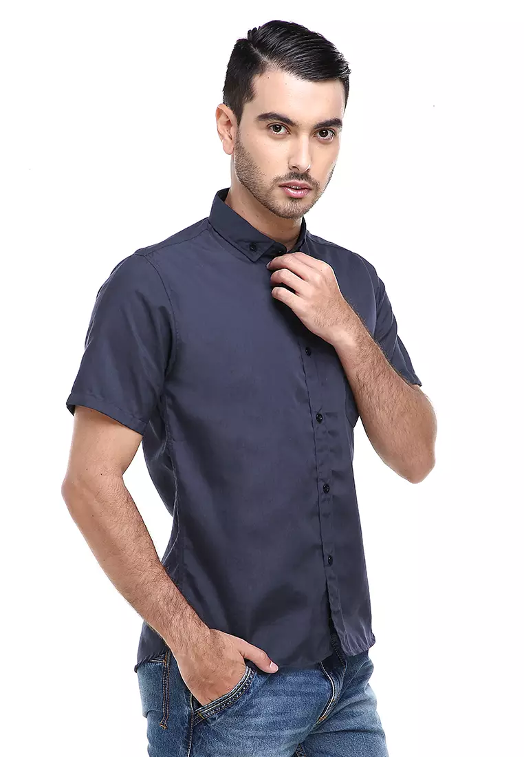 Dwan Casual Shirt Kemeja Polos Pria Lengan Pendek Kasual Formal Material Cotton ORIGINAL - Dark Gray