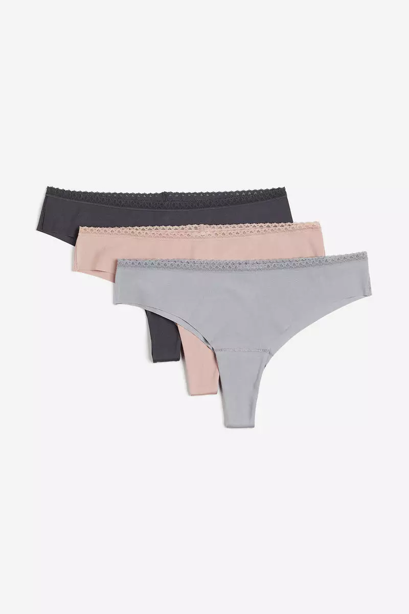 10% OFF! L/7 Hanes Ribbed Thong Underwear 3 Pack Black/Pink/Gray