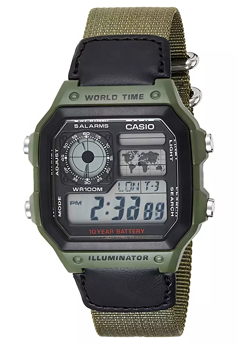 Casio - Jam Tangan Pria - Green - Canvas Strap - AE-1200WHB-3BVDF