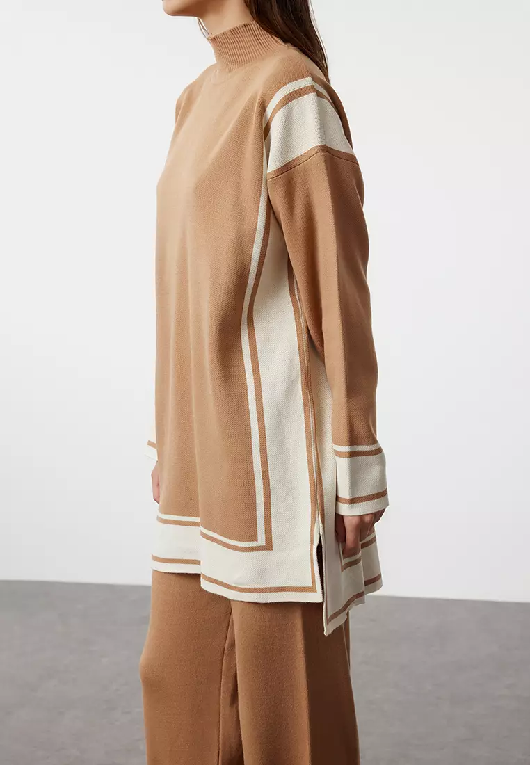 Camel Relaxed Cut Knitwear Striped Tunic-Pants Bottom-Top Set TCTAW24US00057