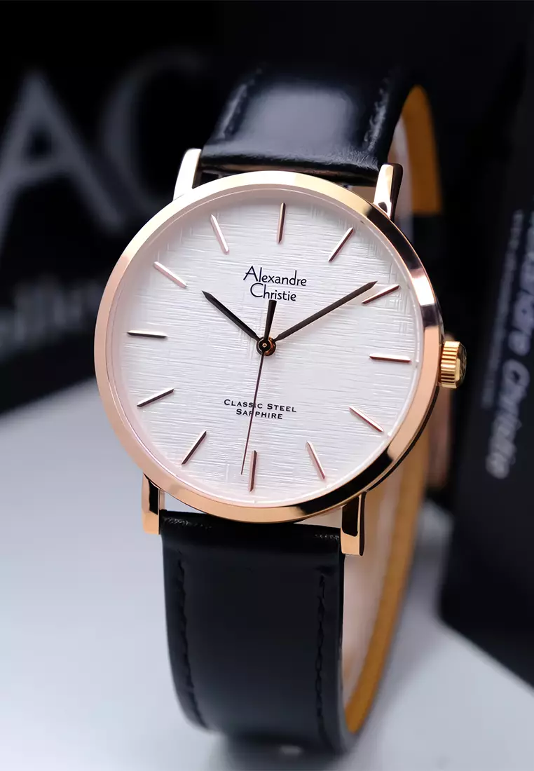 Alexandre Christie Sapphire - Jam Tangan Analog Pria - Rosegold Case Black Leather Strap - 8698 MHLRGSLBA