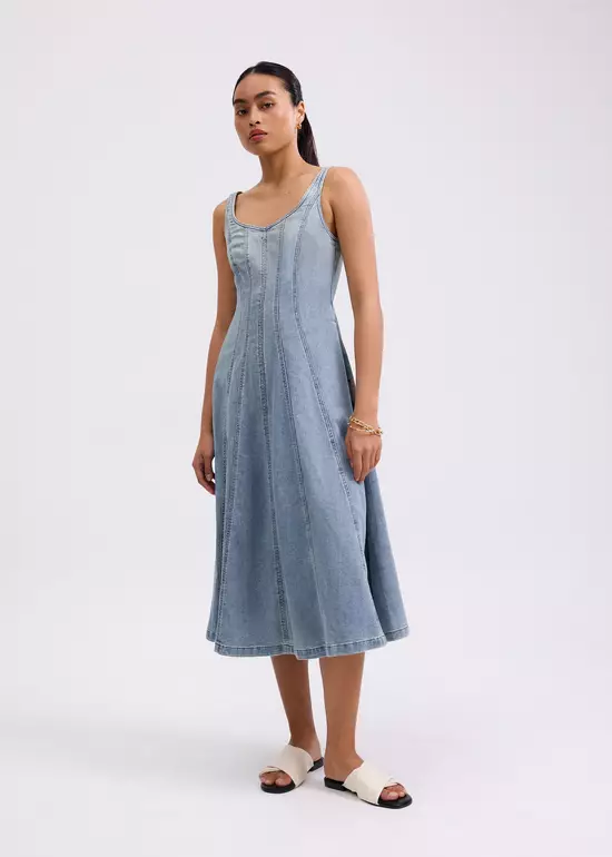 Dress Wanita - Denim Panelled Sweetheart Midi Dress