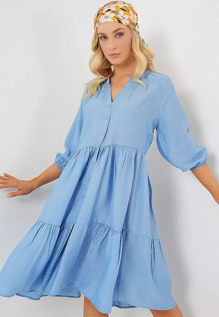 Buttoned Balloon Sleeve Dress