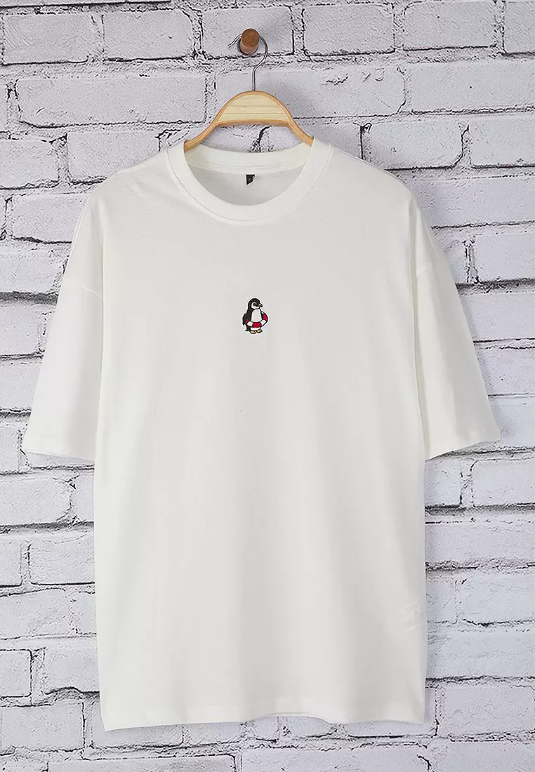 Ecru Oversize/Wide Cut Penguin Embroidered 100% Cotton T-Shirt