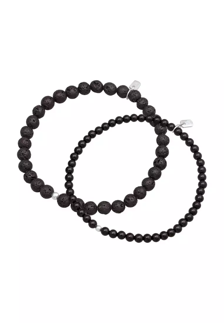 EXCLUSIVE Gelang Perhiasan Perak 925 Pria Bead Set Black Lava And Onyx