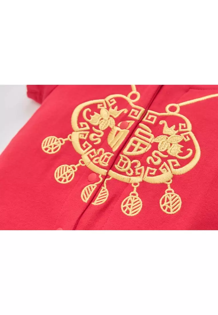 嬰兒紅色唐裝漢服連體衣如意鎖拜年服