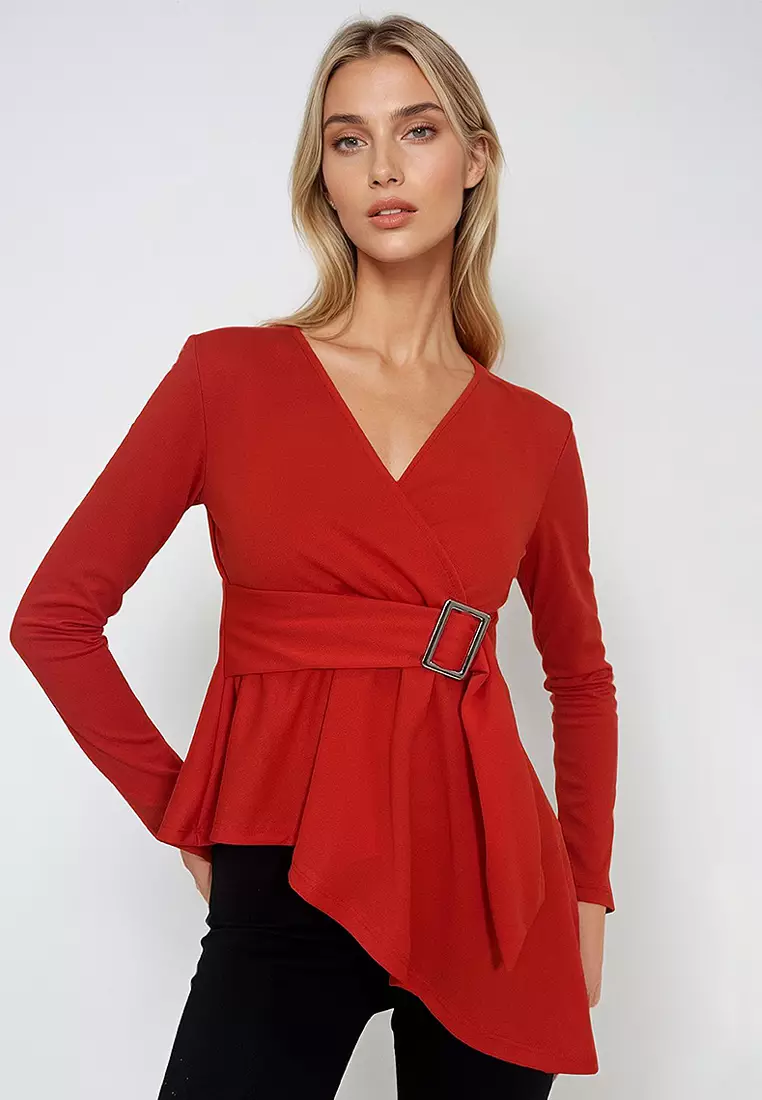 V-Neck Asymmetrical Cut Belt Double Breasted Blouse